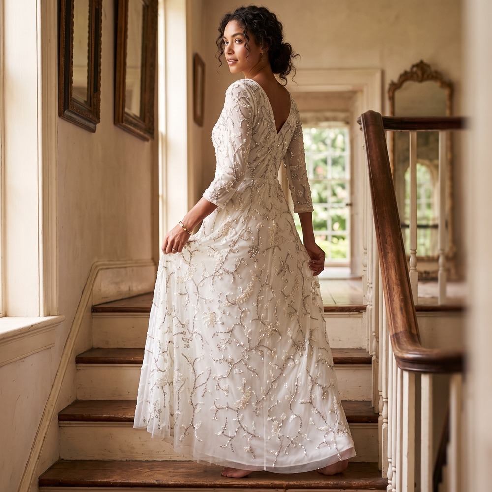 Lotus Threads Wedding Dress Women's 8 White Sequin Beaded Long Sleeve $1275 NWT